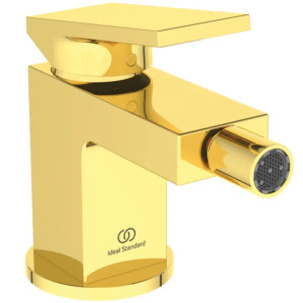 Bidetarmatur in glänzendem Gold mit einem quadratischen Design und abgerundetem Auslauf. Logo von Ideal Standard ist sichtbar.